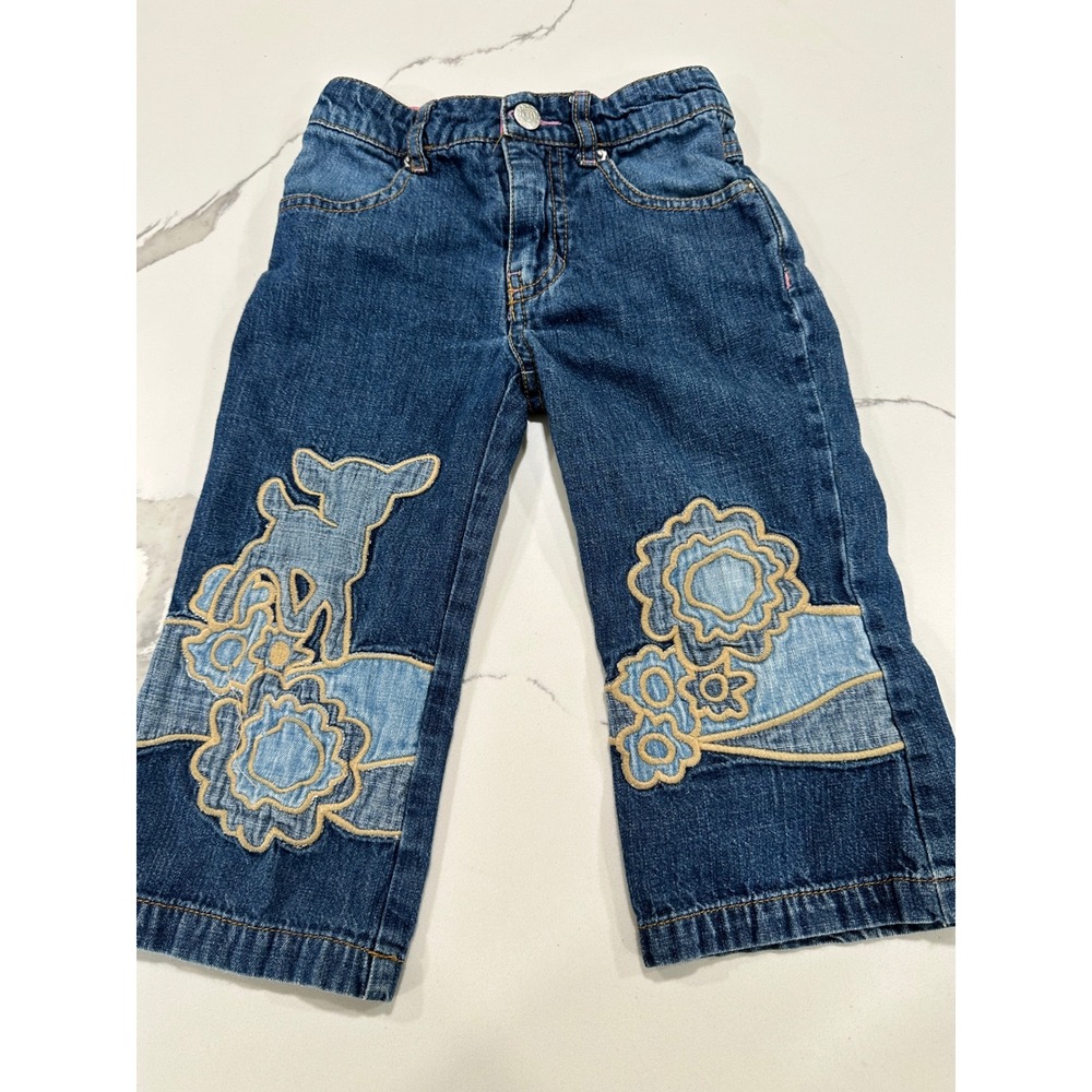 Oilily Girls Embroidered Deer Flower Patchwork Denim Jeans Blue Size 92 2T